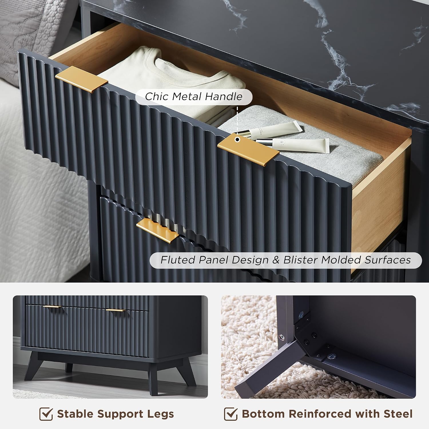 T4TREAM Fluted 3 Drawer Dresser, 32' Tall Modern Chest of Drawers with Faux Marble Top, Curved Profile Design, Wood Drawer Organizer for Bedroom, Living Room, Hallway, Entryway, Dark Grey