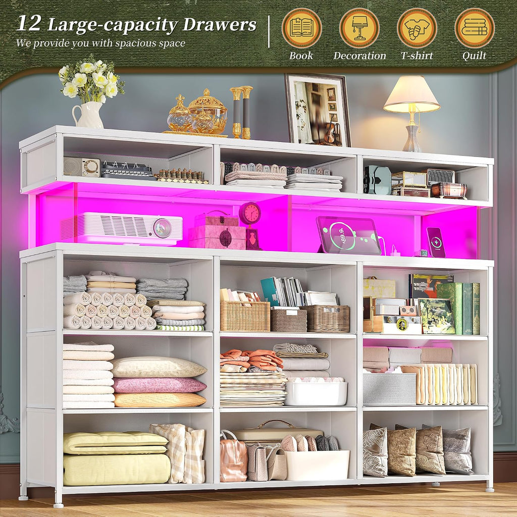 Romorgniz White Dresser for Bedroom with Charging Station and LED Lights, Fabric Dressers & Chest of Drawers, Dresser TV Stands for Living Room, Open Shelves, 10MM Thick Acrylic Sheet
