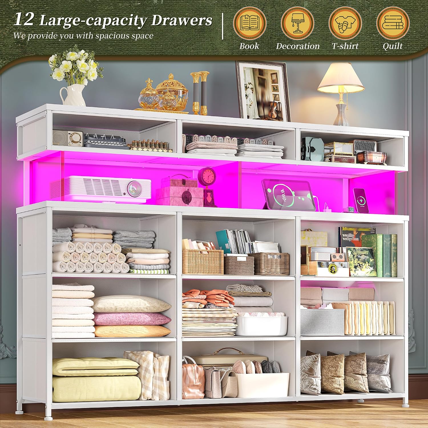Romorgniz White Dresser for Bedroom with Charging Station and LED Lights, Fabric Dressers & Chest of Drawers, Dresser TV Stands for Living Room, Open Shelves, 10MM Thick Acrylic Sheet