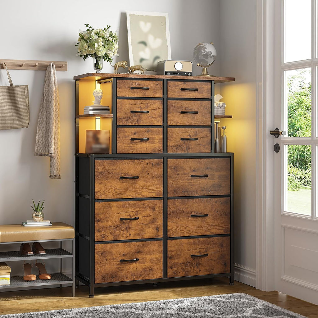 Dresser for Bedroom with 12 Drawers & LED Lights,4 Open Storage Shelves, Fabric Dressers & Chests of Drawers for Living Room, Entryway, Dorm, Wood Top,45.2' H x 35.4' W x 11.8' D, Rustic Brown