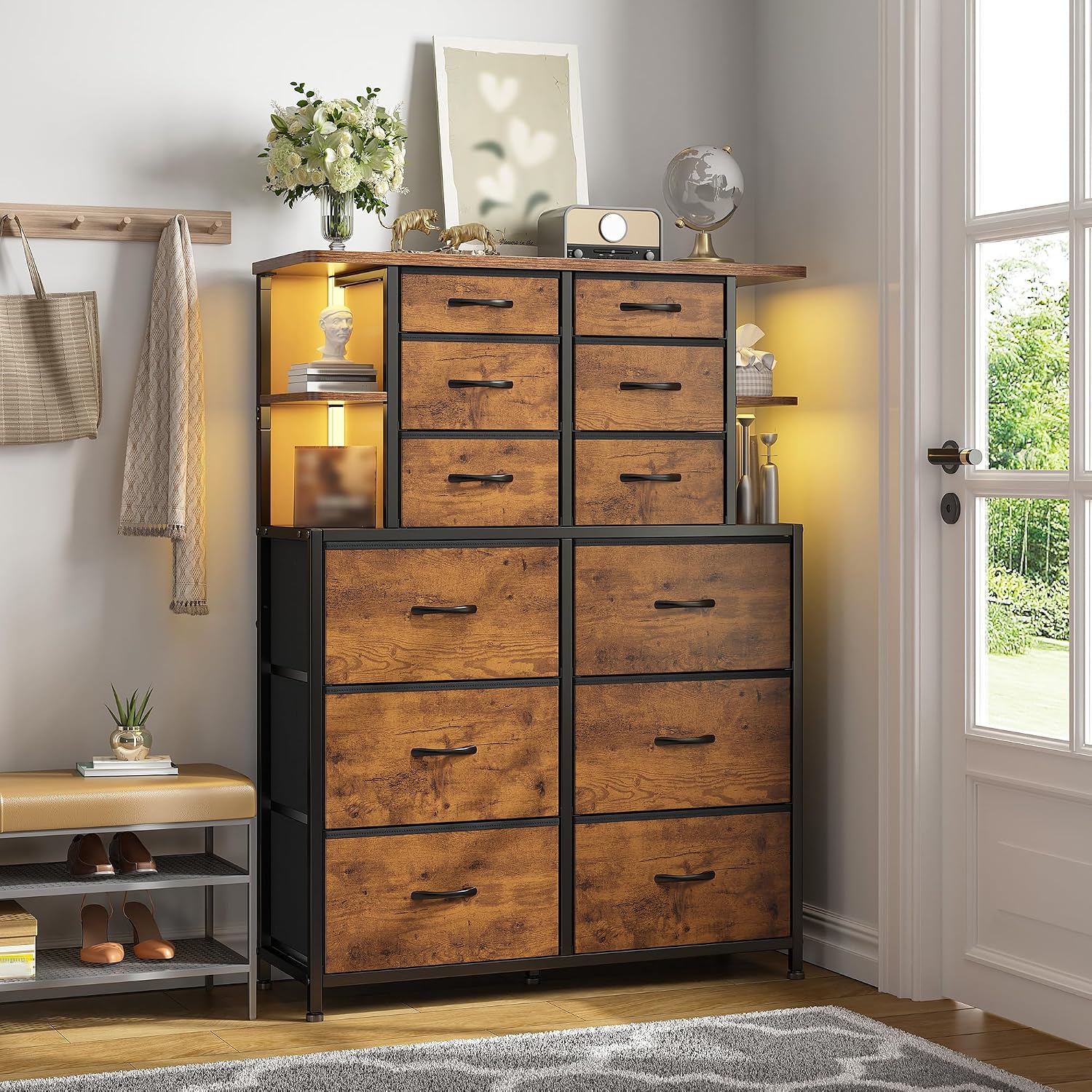 Dresser for Bedroom with 12 Drawers & LED Lights,4 Open Storage Shelves, Fabric Dressers & Chests of Drawers for Living Room, Entryway, Dorm, Wood Top,45.2' H x 35.4' W x 11.8' D, Rustic Brown