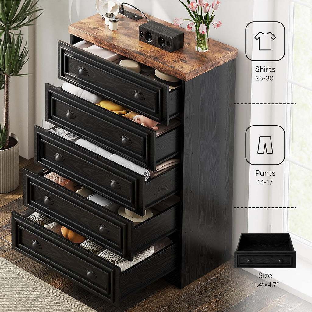 LIKIMIO 43' Tall 5 Drawers Dresser for Bedroom, Power Strip, Farmhouse Large Wood Dressers & Chest of Drawers with Wide Storage Cabinet, Black