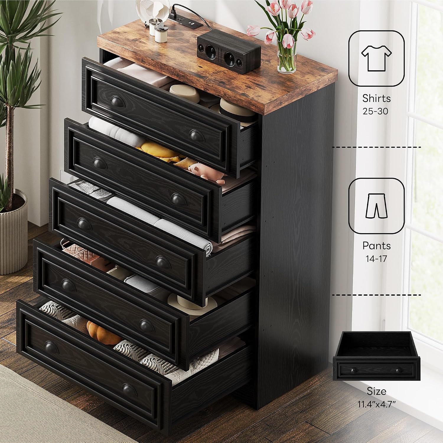 LIKIMIO 43' Tall 5 Drawers Dresser for Bedroom, Power Strip, Farmhouse Large Wood Dressers & Chest of Drawers with Wide Storage Cabinet, Black