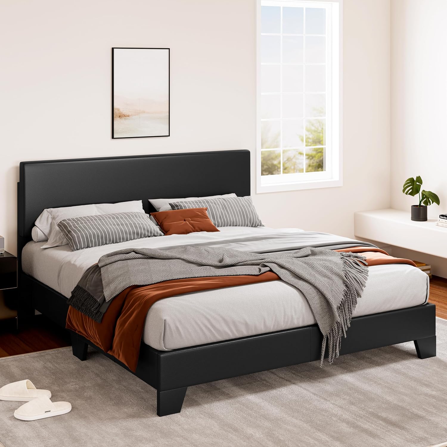 SHA CERLIN Full Size Platform Bed Frame with Clean Line Fabric & Adjustable Headboard, Wood Slats Support, No Box Spring Needed, Easy Assembly, Black