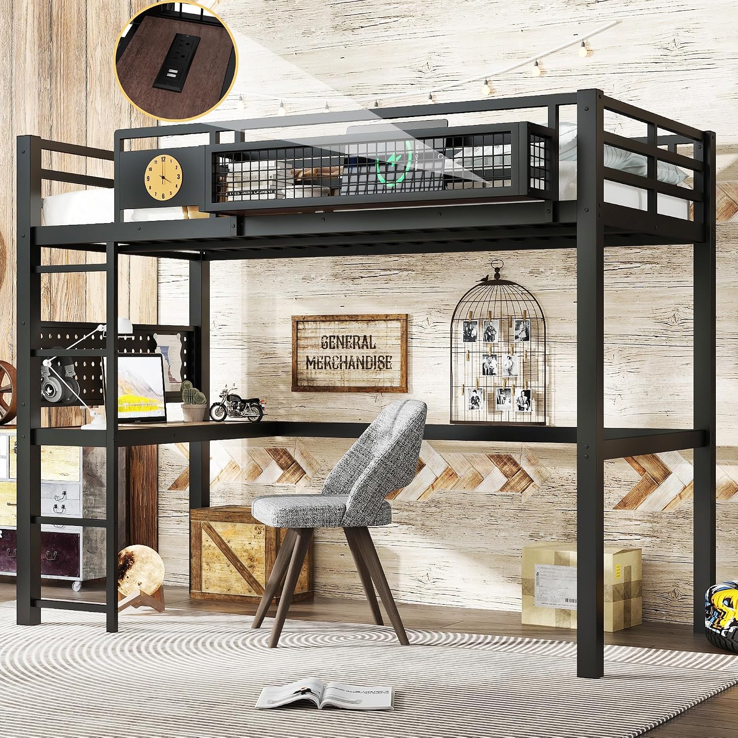 Bellemave Twin XL Size Metal Loft Bed with Desk and Side Clock,Heavy Duty Loft Bed Frame with Charging Station and Pegboard for Kids,Teens,Adults,Twin XL Size,Black