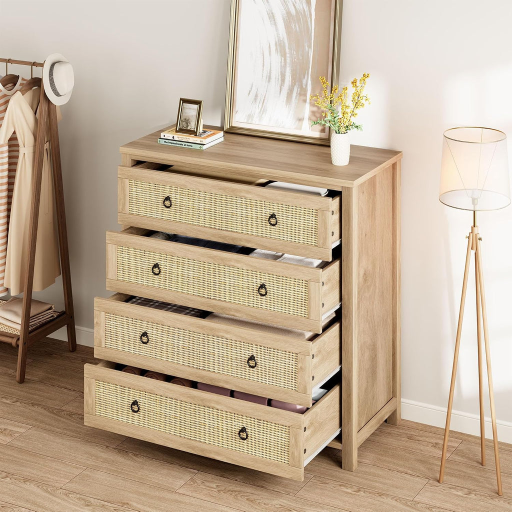 IDEALHOUSE Rattan Dresser for Bedroom, Chest of Dressers 37' Tall Dresser for Closet with 4 Rattan Drawers Chest with Clothes Storage Cabinet, Drawer Organizer for Bedroom, Living Room, Hallway