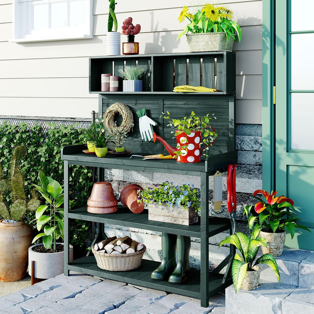 JIJIWANG 65' Large Wooden Farmhouse Rustic Outdoor Potting Bench Table, Patio Workstation, Garden Potting Bench with 4 Storage Shelves and Side Hook, Forest Green