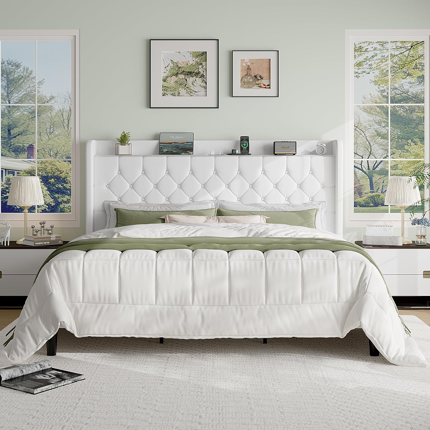 SHA CERLIN King Size Platform Bed Frame with Charging Station, Velvet Wingback Headboard with Storage Shelf, Wooden Slats Support, Ample Under-Bed Space, No Box Spring Needed, Easy Assembly, White