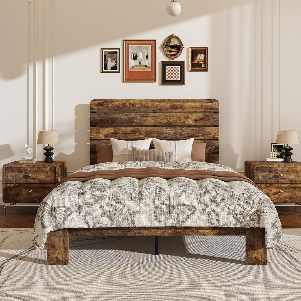 Full Size Wooden Bed Frame with Headboard, Rustic Farmhouse Platform Bedframe with Wood Slat Support, Sturdy and No Noise, Easy Assembly (Brown, Full)