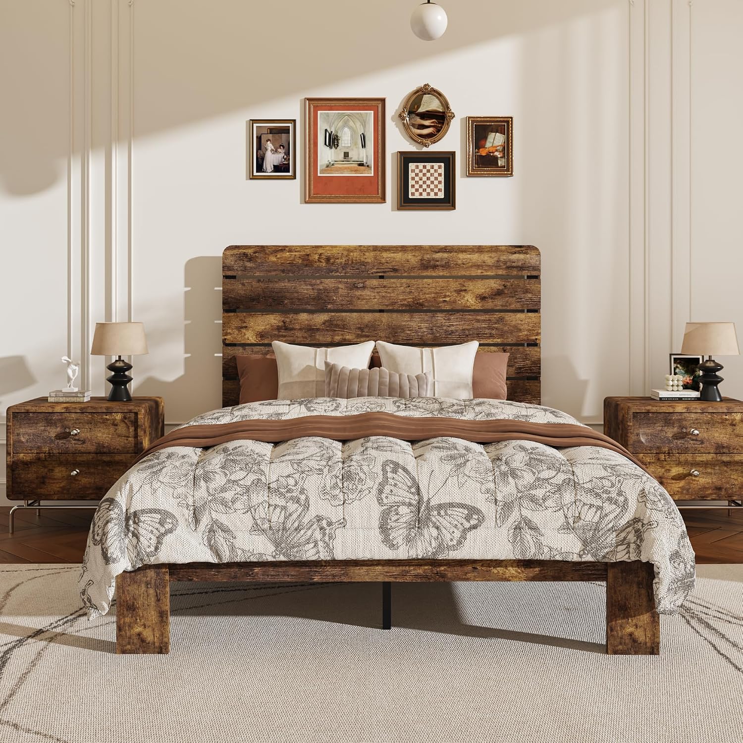 Full Size Wooden Bed Frame with Headboard, Rustic Farmhouse Platform Bedframe with Wood Slat Support, Sturdy and No Noise, Easy Assembly (Brown, Full)