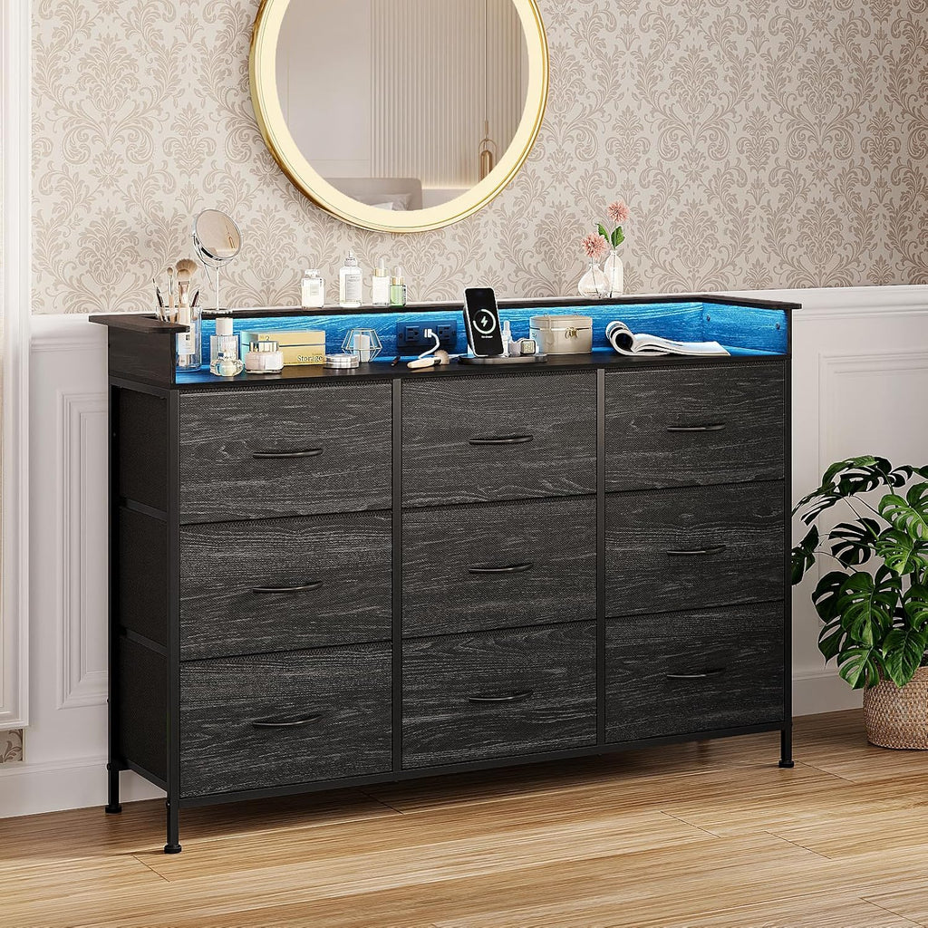 EXOTICA Black Dresser with Charging Station 9 Drawers Dresser with LED Light and USB Ports Fabric Dressers for Bedroom Hallway Entryway Closets Sturdy Steel Frame Wood Top