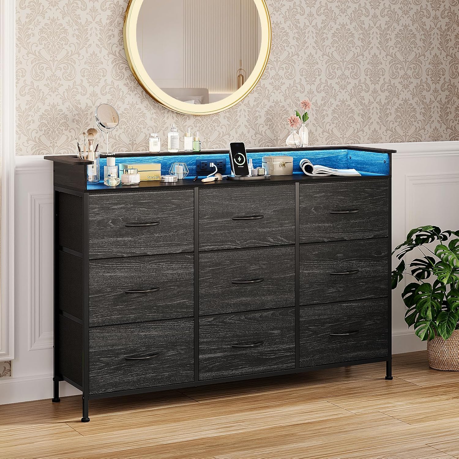 EXOTICA Black Dresser with Charging Station 9 Drawers Dresser with LED Light and USB Ports Fabric Dressers for Bedroom Hallway Entryway Closets Sturdy Steel Frame Wood Top