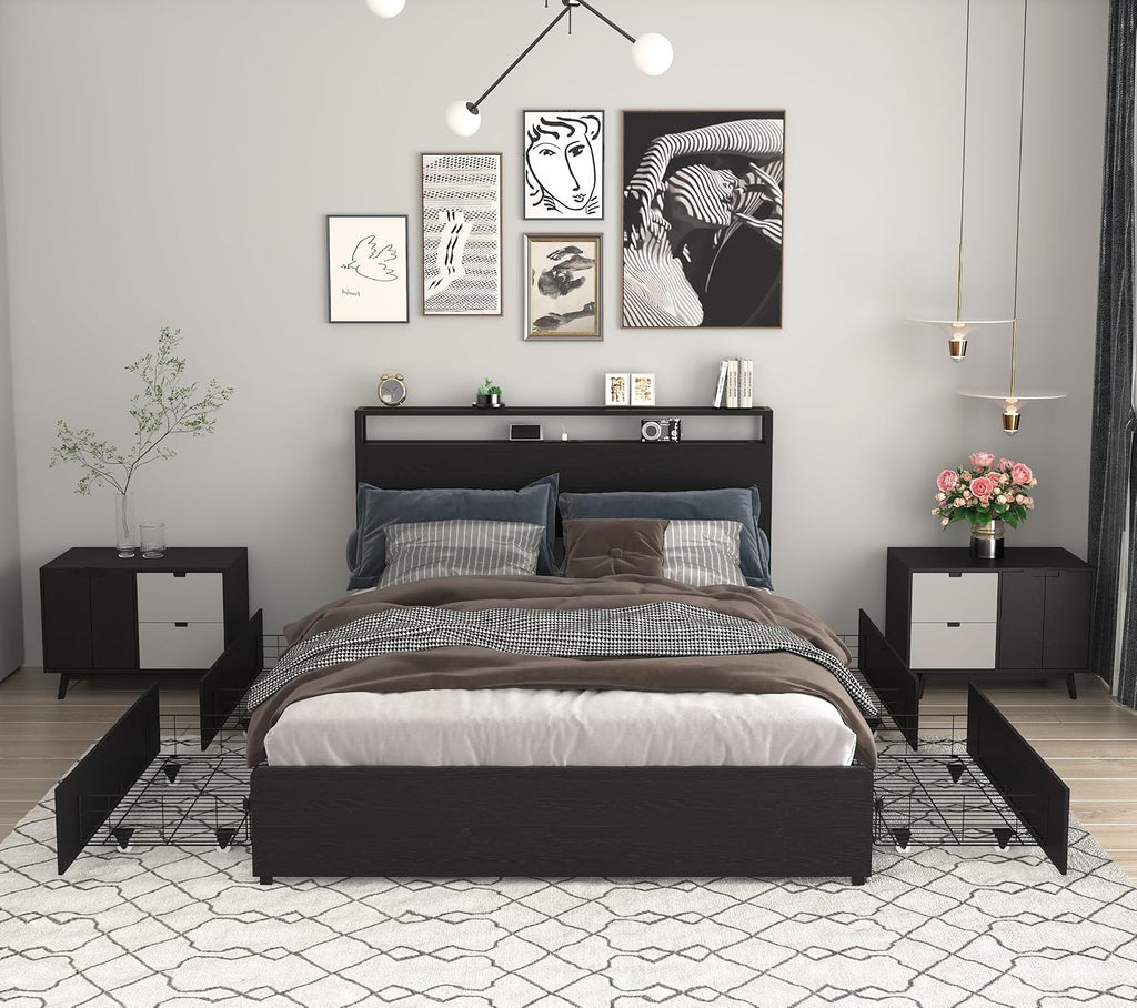 Bellemave Full Size Bed Frame with 4 Storage Drawers and Charging, Full Size Bed Frame with Headboard and Charging Station and with Led Lightstation, No Box Spring Needed, (Full, Black)