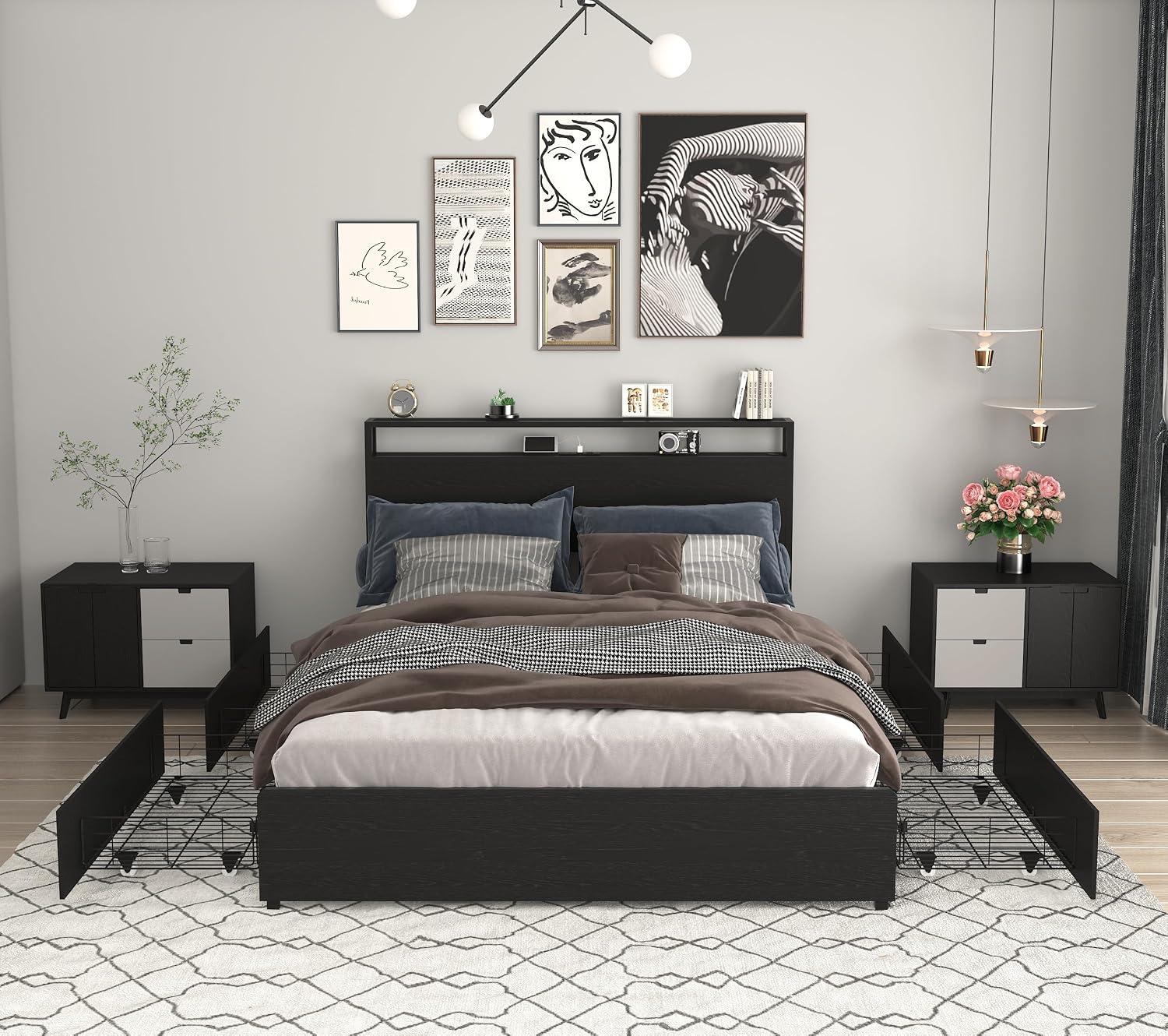 Bellemave Full Size Bed Frame with 4 Storage Drawers and Charging, Full Size Bed Frame with Headboard and Charging Station and with Led Lightstation, No Box Spring Needed, (Full, Black)
