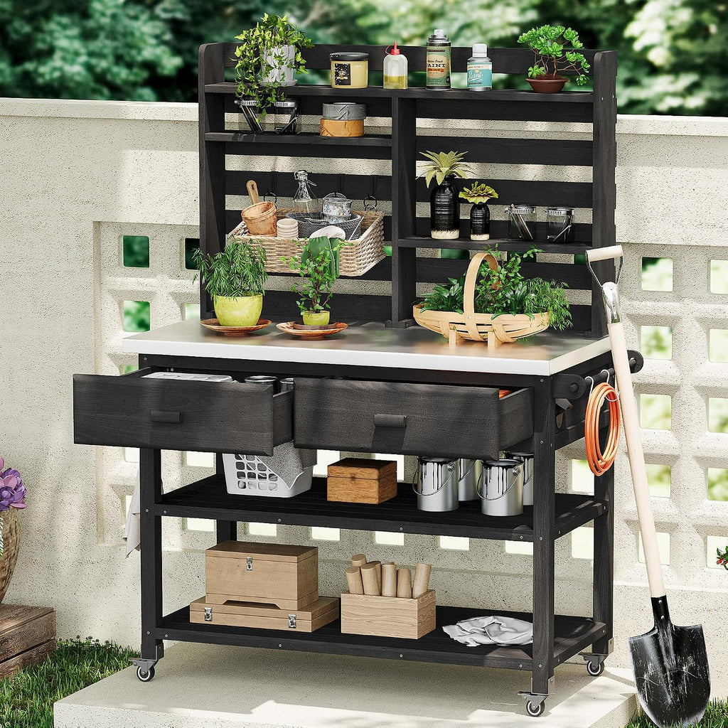 64.9' H Outdoor Potting Bench with Lockable Wheels, Solid Wood Outdoor Kitchen Island with Stainless Steel Top, Upper Hutch, Towel Rack & Storage for Grilling, Lawn & Garden (Black)