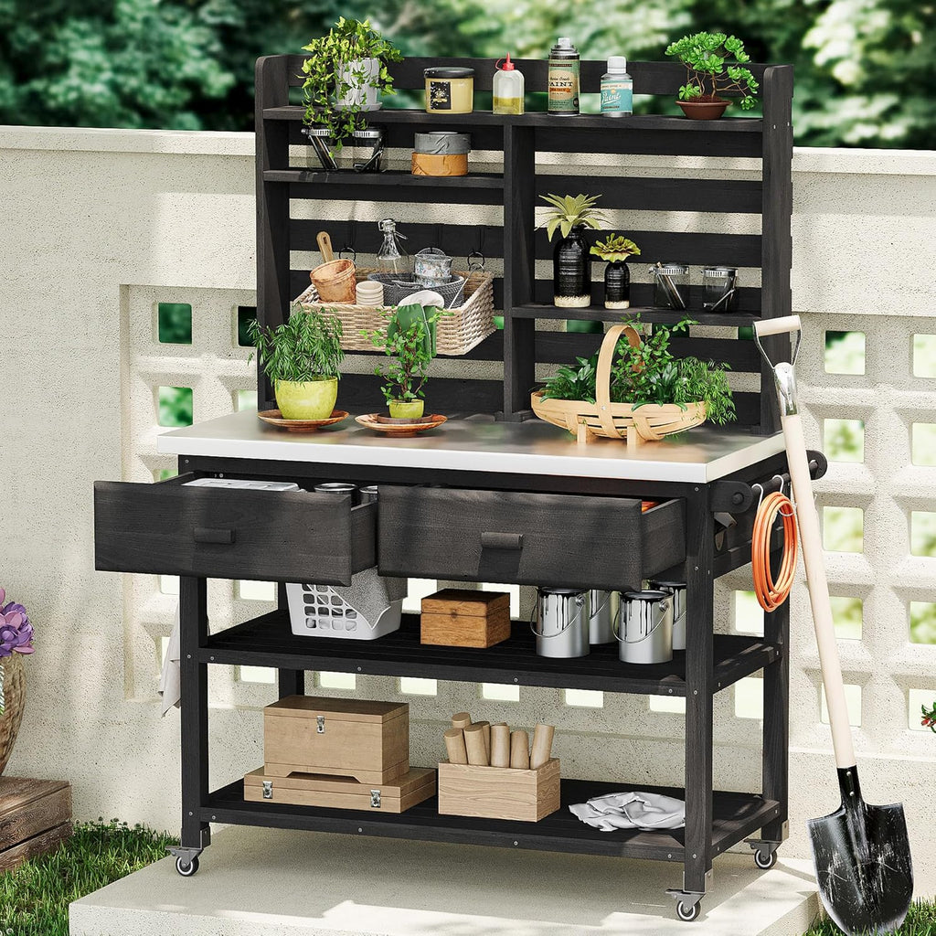64.9' H Outdoor Potting Bench Table with Lockable Wheels, Solid Wood Outdoor Kitchen Island with Upper Hutch, Stainless Steel Top, Towel Rack,Outdoor Storage for Grilling, Lawn G Black