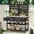 Outdoor Potting Bench Table with Lockable Wheels, Wood Outdoor Workbench with Upper Hutch, Stainless Steel Top, Towel Rack for Grilling, Lawn Garden (Black, 64.9' H)
