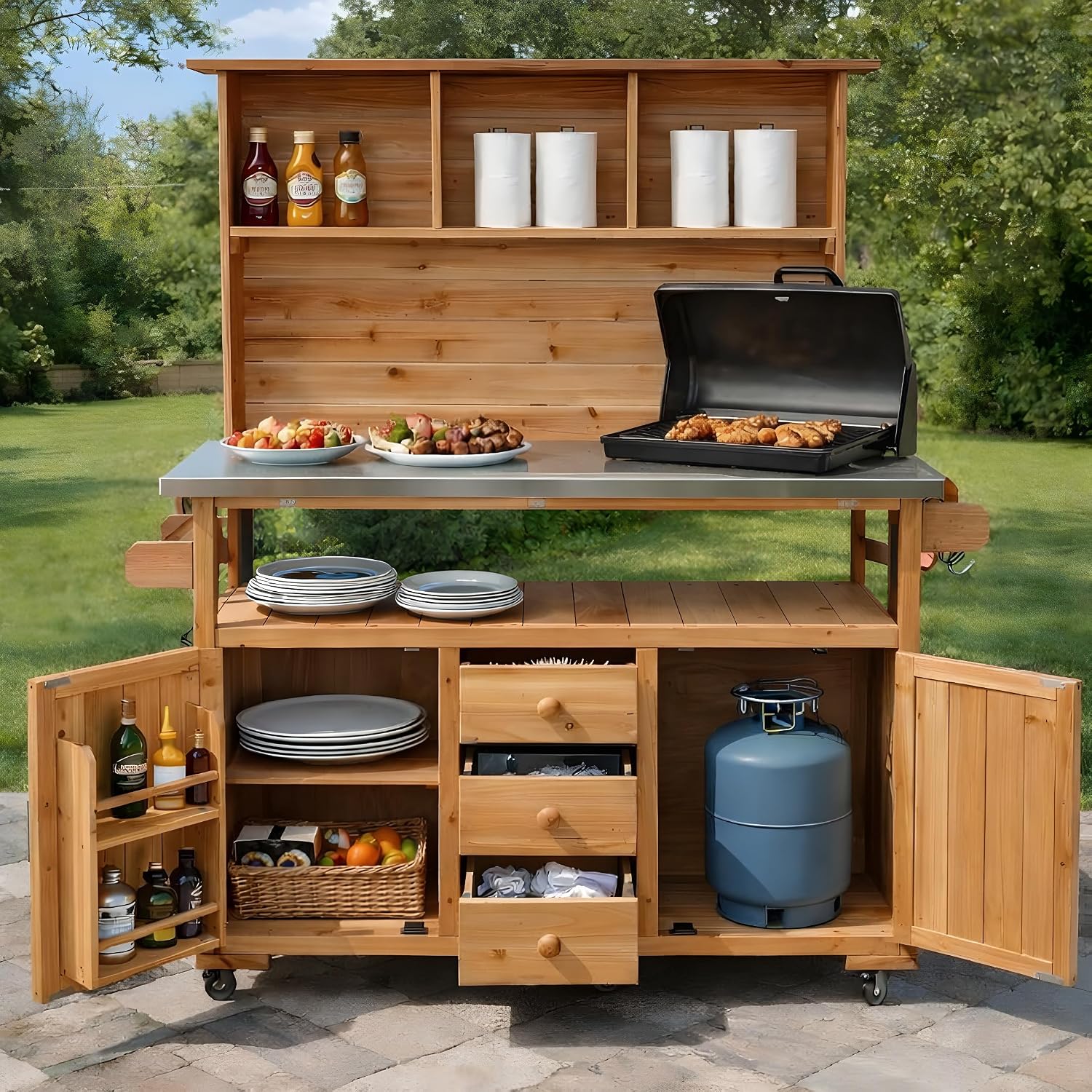 65''H Large Garden Storage Potting Bench with Lockable Wheels, Wood Outdoor Kitchen Island with Stainless Steel top, Drawers, Door Shelves and Hutch (Natural-Wheels)