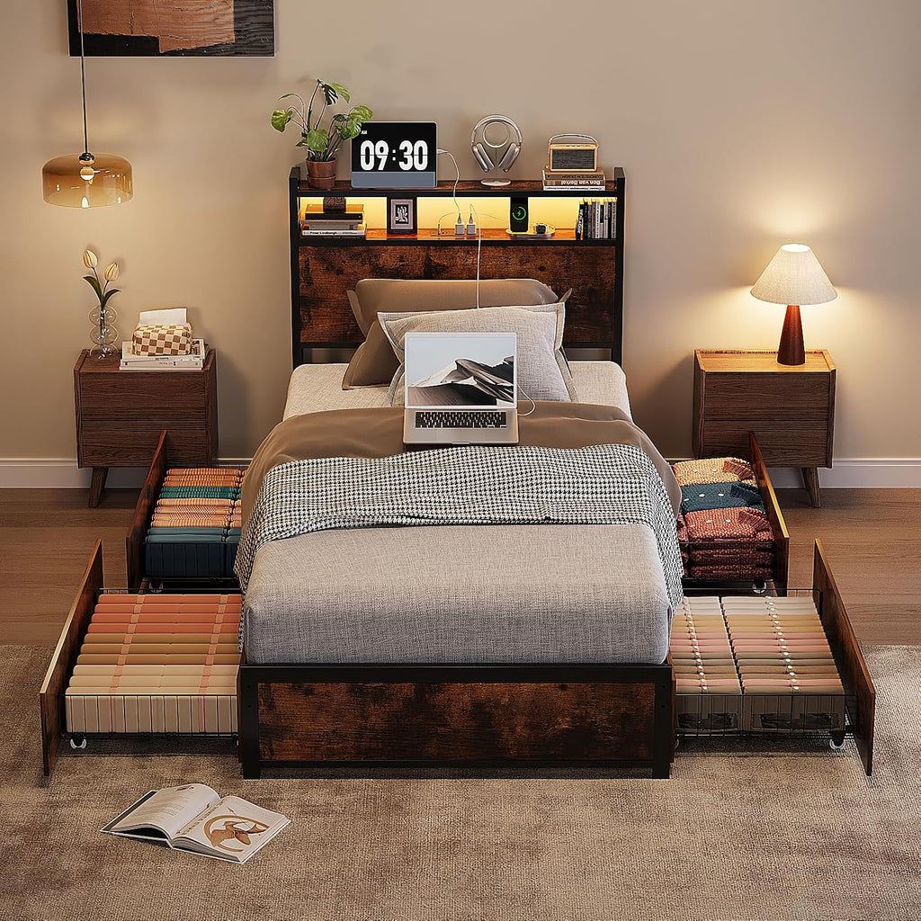 VINGLI Bed Frame Twin Size with 4 Storage Drawers and Storage Headboard, Metal Platform with Charging Station and LED Lights, No Box Spring Needed, Easy Assembly, Vintage Brown