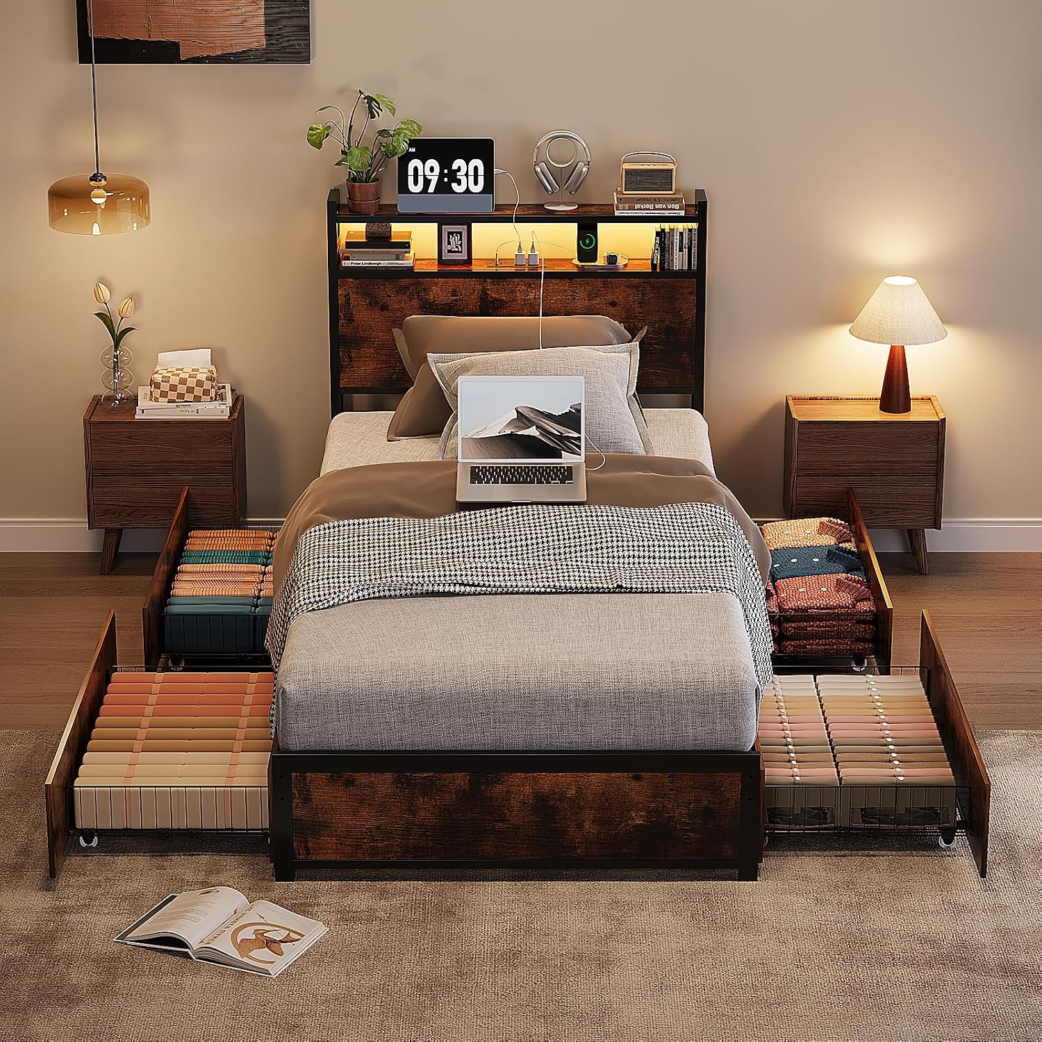 VINGLI Bed Frame Twin Size with 4 Storage Drawers and Storage Headboard, Metal Platform with Charging Station and LED Lights, No Box Spring Needed, Easy Assembly, Vintage Brown