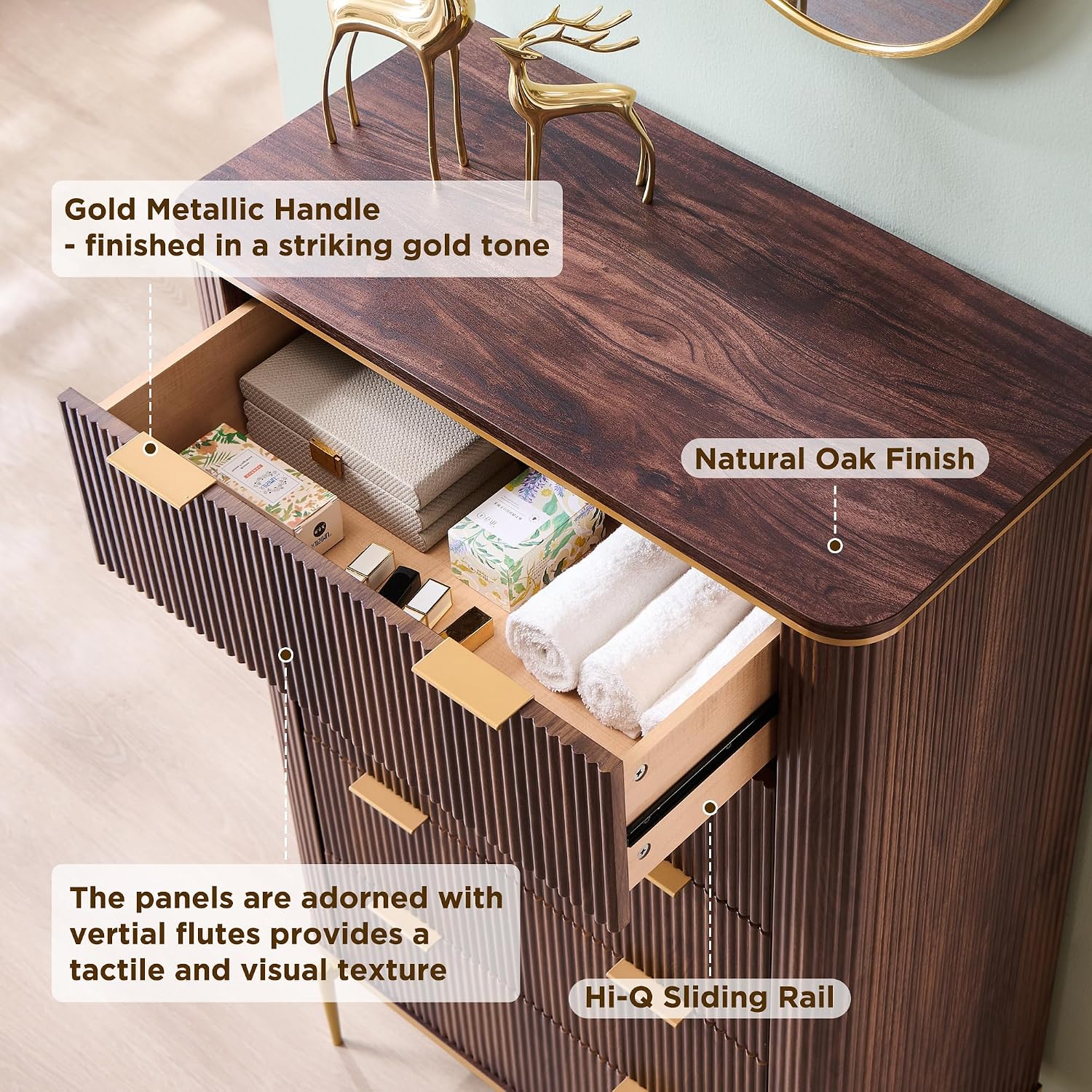 T4TREAM Fluted 5 Drawers Dresser for Bedroom, 48' Tall Modern Dresser Chest of Drawers, Gold Accents, Fluted Fronts, Wood Storage Dressers Organizer for Bedroom, Living Room, Dark Walnut