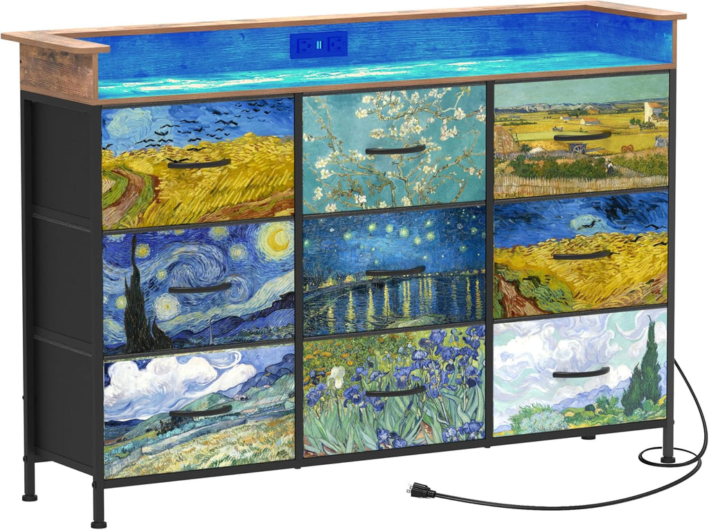 EXOTICA Welfuturer Dresser for Bedroom Van Gogh Dressers with 9 Drawers Chest of Drawers Fabric Clothes Drawer Fabric Closet Organizer for Living Room Entryway Nursery Sturdy Steel Frame Wood Top