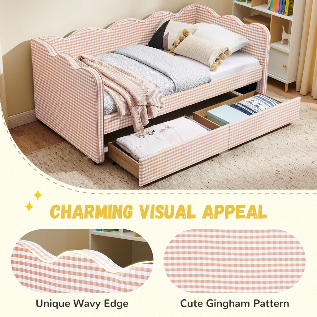 DEINPPA Twin Size Upholstered Daybed with 2 Storage Drawers, Gingham Daybed with USB Ports for Bedroom Living Room Guest Room-Pink