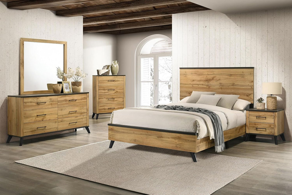 Coaster Home Furnishings Kaywood Mid-Century Modern 5-Piece Bedroom Set Full Size Panel Bed Frame 52-inch Headboard Weathered Brown and Natural Pine 225001F-S5
