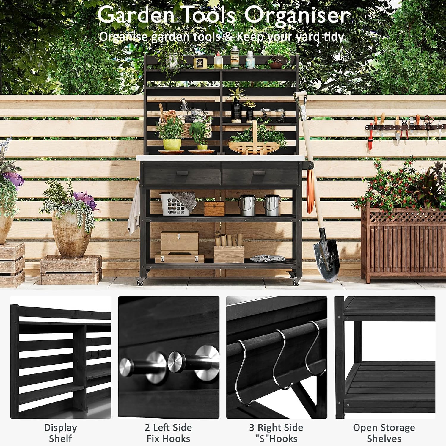 65' Solid Wood Potting Bench Table with Stainless Steel Top, Outdoor Kitchen Island & BBQ Prep Station, Rolling Garden Workstation with Lockable Wheels, Storage Hutch, and Hooks for Patio, (Black)