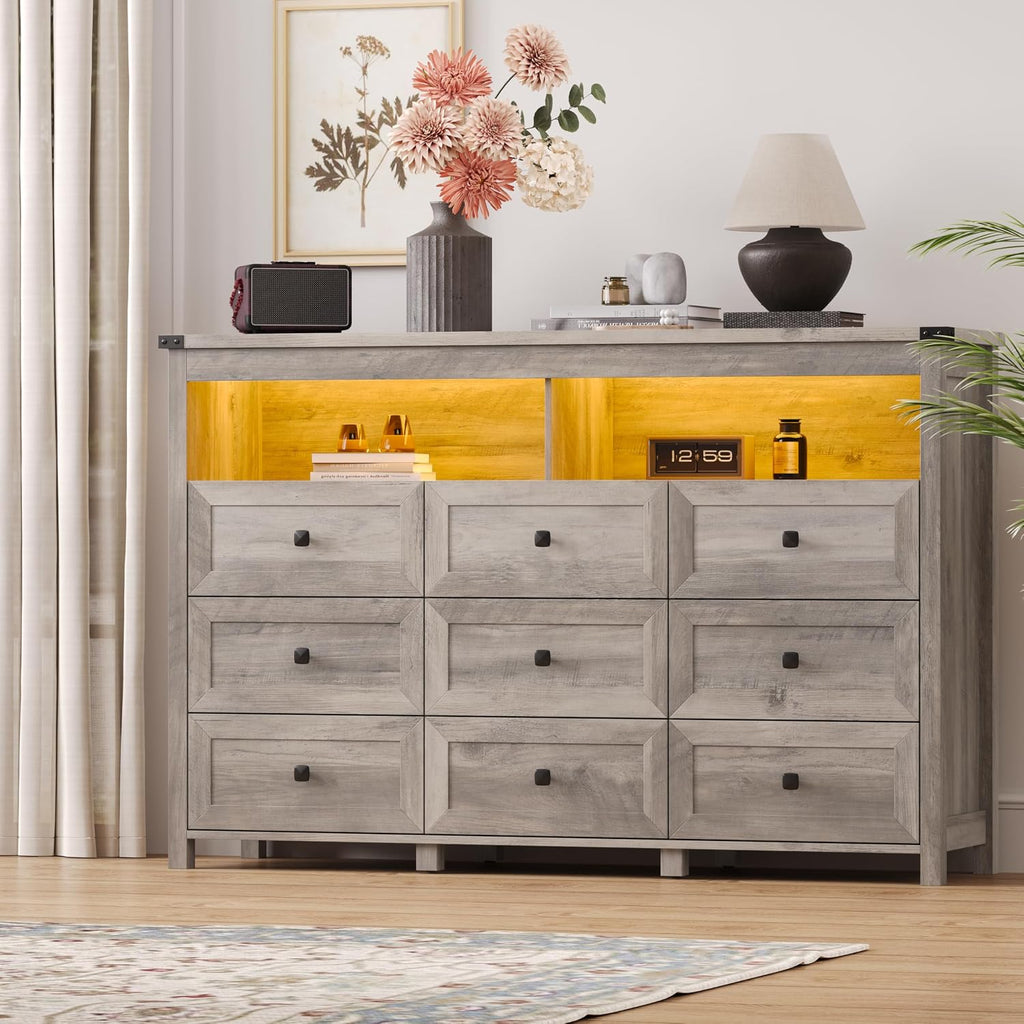 Dresser for Bedroom with 9 Drawers, Wide Chest of Drawers with LED Light and Power Outlet, Wooden Closet Organizer Clothes Storage Cabinet, Modern Double Dressers for Living Room, Hallway, Grey