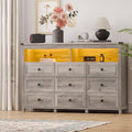 Dresser for Bedroom with 9 Drawers, Wide Chest of Drawers with LED Light and Power Outlet, Wooden Closet Organizer Clothes Storage Cabinet, Modern Double Dressers for Living Room, Hallway, Grey