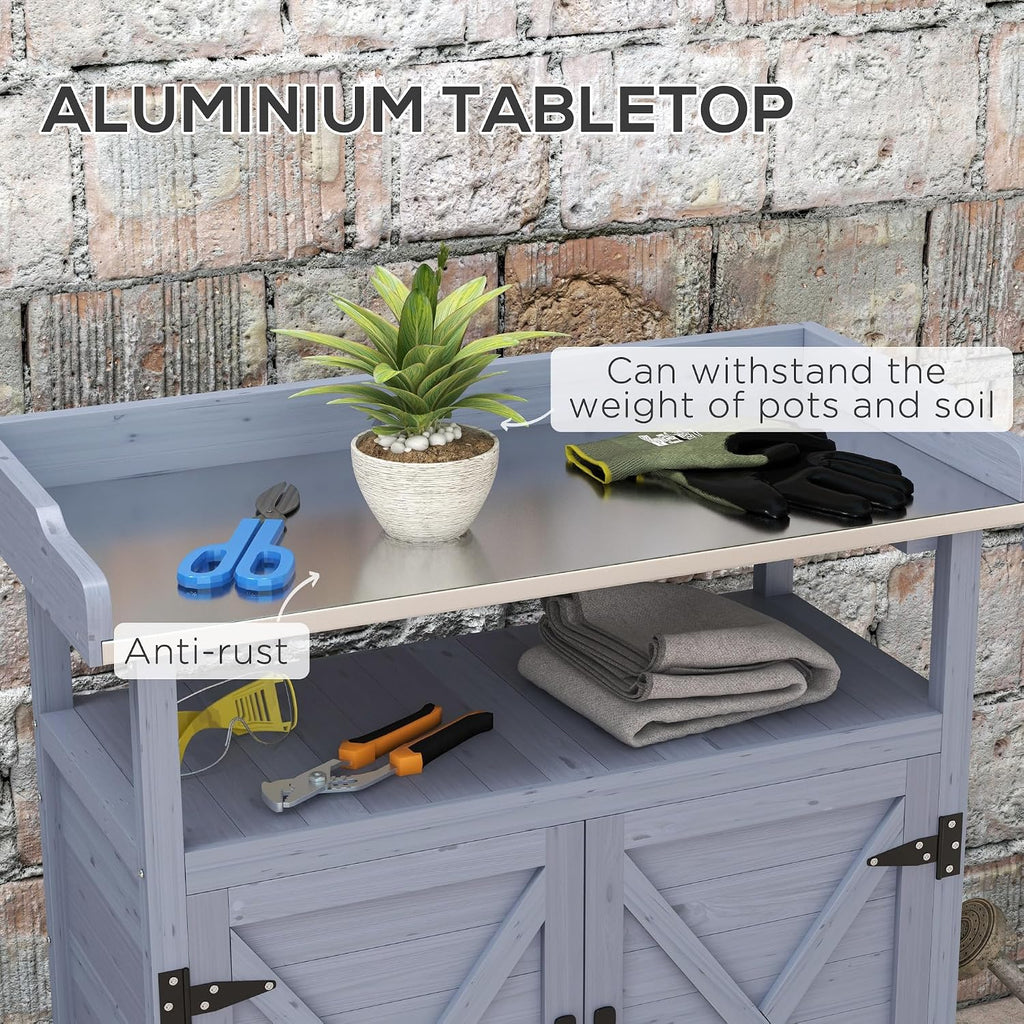 Outdoor Potting Bench, Wooden Potting Table with Storage Cabinet, Aluminum Table Top, Rubber Wheels for Backyard, Patio, Balcony, Gray