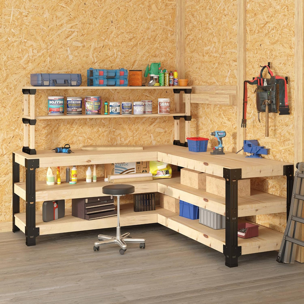 FLEXIMOUNTS Steel Workbench Kit 5 Legs with Shelf Brackets L Shaped Heavy Duty Work Bench for Garage Workshop Storage Shelving Workbenches Frame Black Customize Work Table, Lumber Not Included