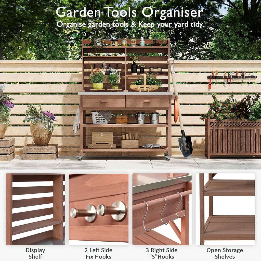 GOWE K&K 64.9' H Outdoor Potting Bench Table with Lockable Wheels, Solid Wood Outdoor Kitchen Island with Upper Hutch, Stainless Steel Top, Towel Rack,Outdoor Storage for Grilling, Lawn Garden -Brown