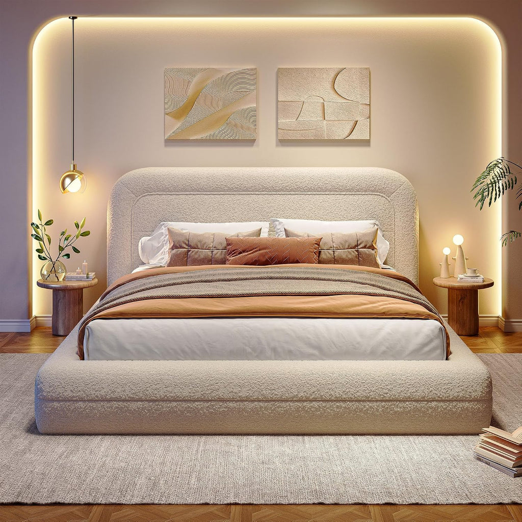 Homkdom Cloud Bed Frame with Headboard, Upholstered Soft Full Bed Frame with Round Edges, Boucle Platform Bed for Modern Bedrooms & Apartments & Guest Rooms, No Box Spring Needed,Beige