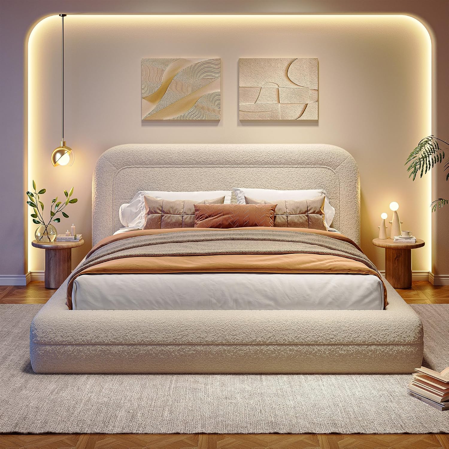 Homkdom Cloud Bed Frame with Headboard, Upholstered Soft Queen Bed Frame with Round Edges, Boucle Platform Bed for Modern Bedrooms & Apartment & Guest Rooms, No Box Spring Needed,Beige