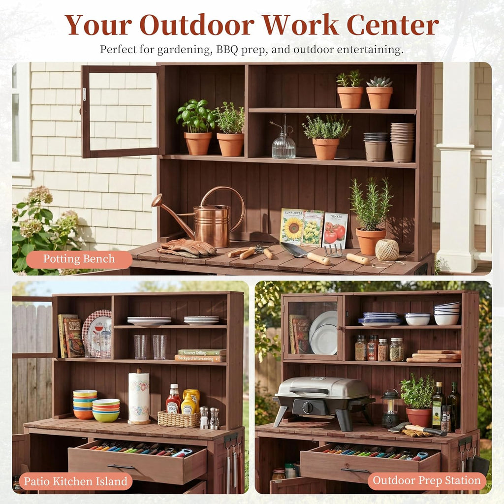 Merax Outdoor Garden Potting Bench with Hutch, 65' H Solid Fir Wood Patio Garden Workstation Tabl with Large Countertop, Adjustable Shelves, Door Rack, Side Hook and Drawer, Brown