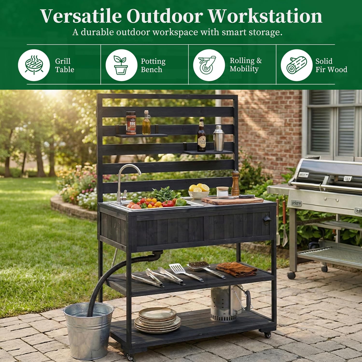 41.7'' Large Patio Rolling Kitchen Island,Solid Wood Kitchen Cart with Sink,Garden Potting Bench with Stainless Table Top,2 Movable Shelves and 1 Bottle Opener (Black-RK)