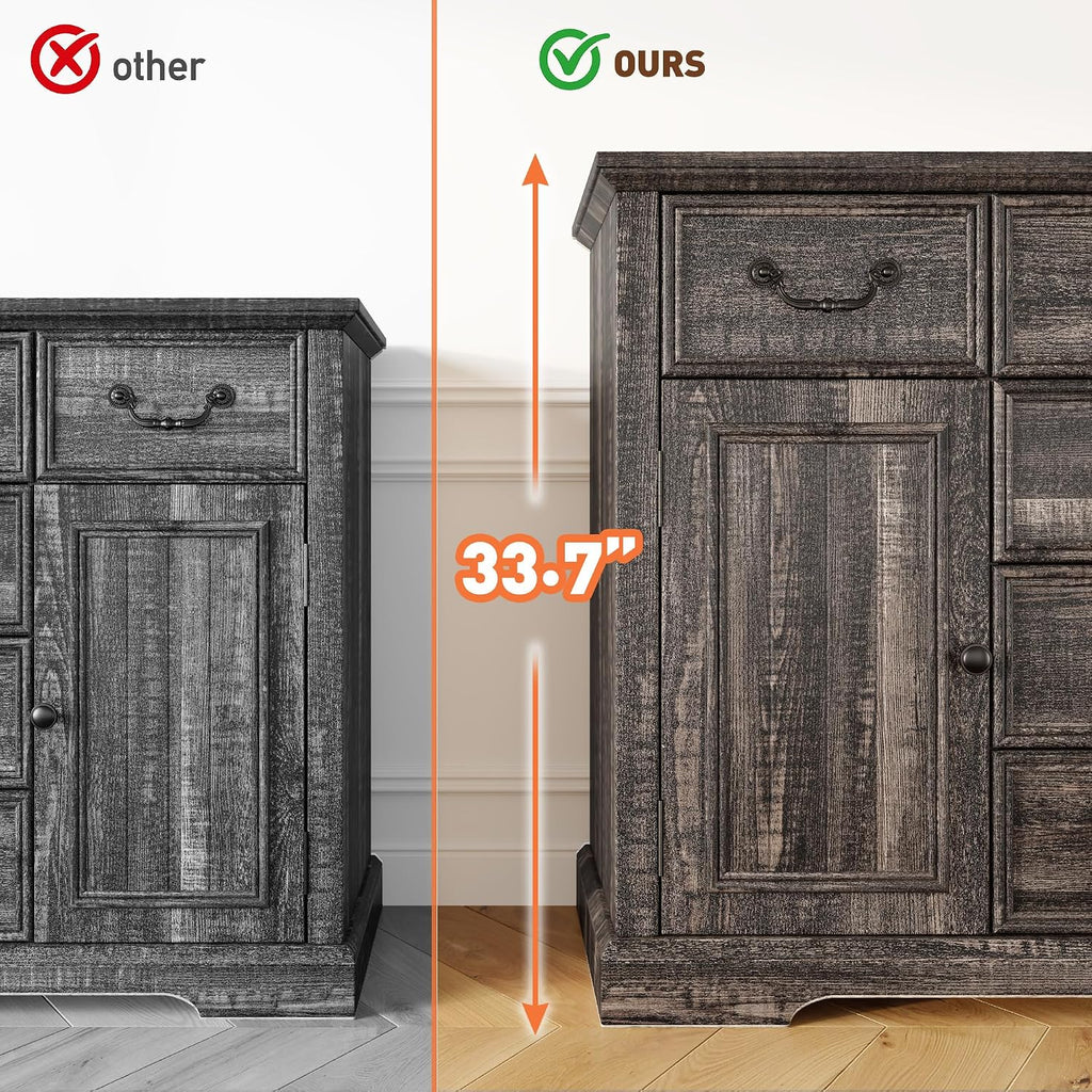 Homkdom Farmhouse Dresser – 6 Drawers & 2 Doors for Bedroom Storage Dresser Sturdy Build & Smooth Silent Slides，Dark Rustic Oak