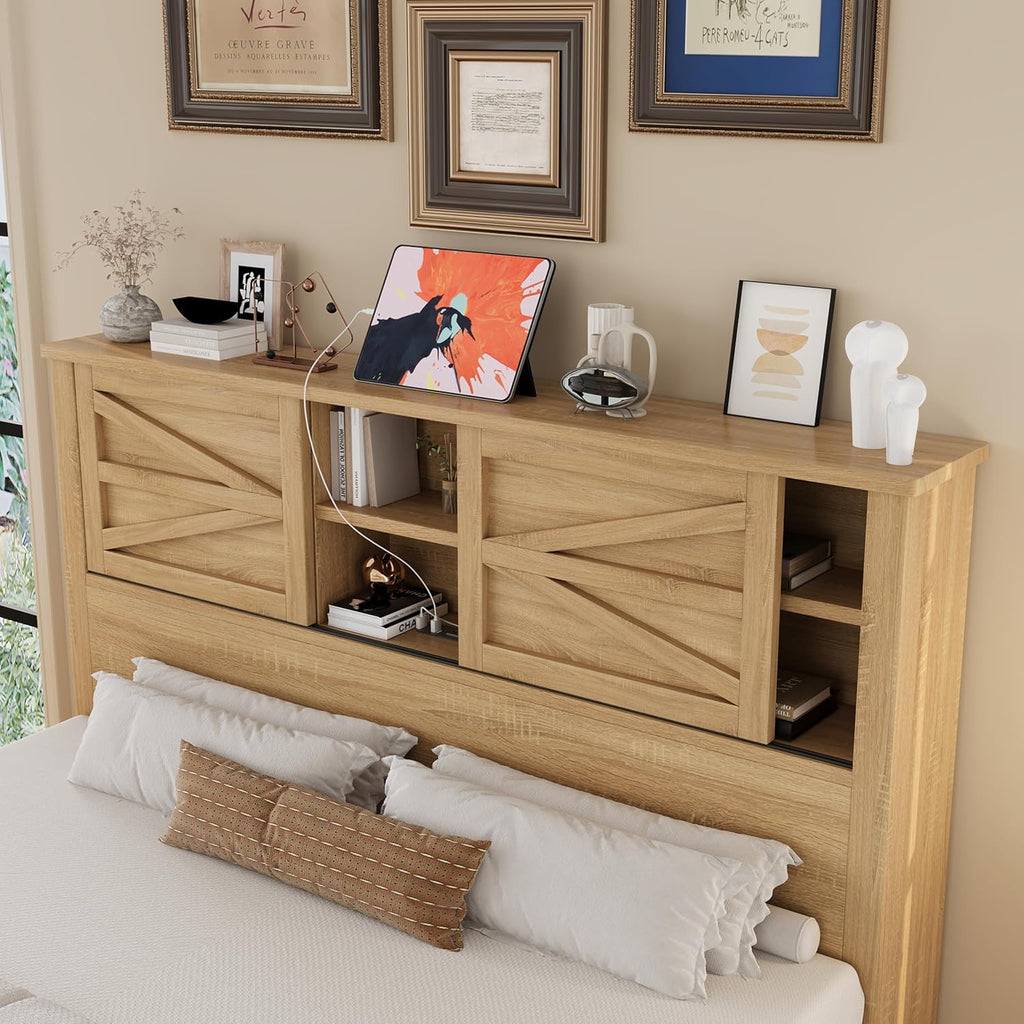 Farmhouse 3-Piece Full Size Bedroom Furniture Set, Platform Bed with Double Sliding Door Storage Headboard & Charging Station, Bed Frame with Storage Nightstand and Dresser (Natural, Queen) | 3-Piece