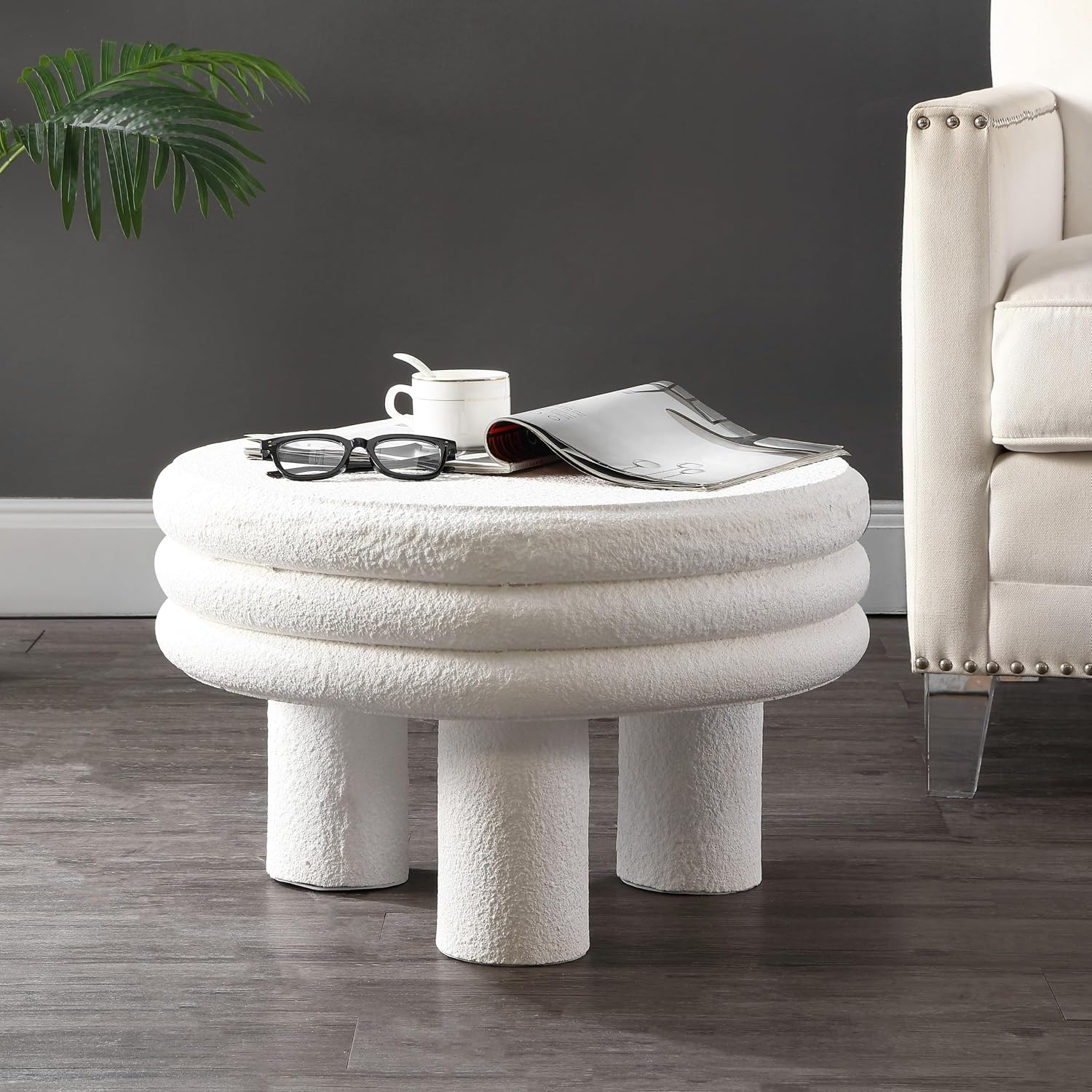 JONATHAN Y Rashida 13.5' Ribbed Polyresin Indoor Outdoor Table, White | Contemporary Curvy Minimalist Silhouette, Stacked Ring Motif, Tripod Pillar Base, Weather Resistant, Frosted Finish