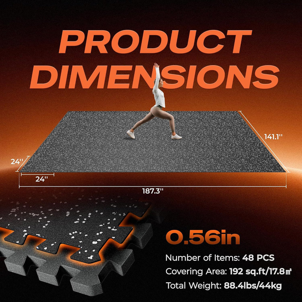 SUPERJARE 0.56'' Thick 48 Pcs 192 Sq Ft Rubber Top Exercise Equipment Mats, High Density EVA Foam Mats with Rubber Top, Interlocking Gym Flooring for Home Gym, Protective Workout Mat, Black/Grey