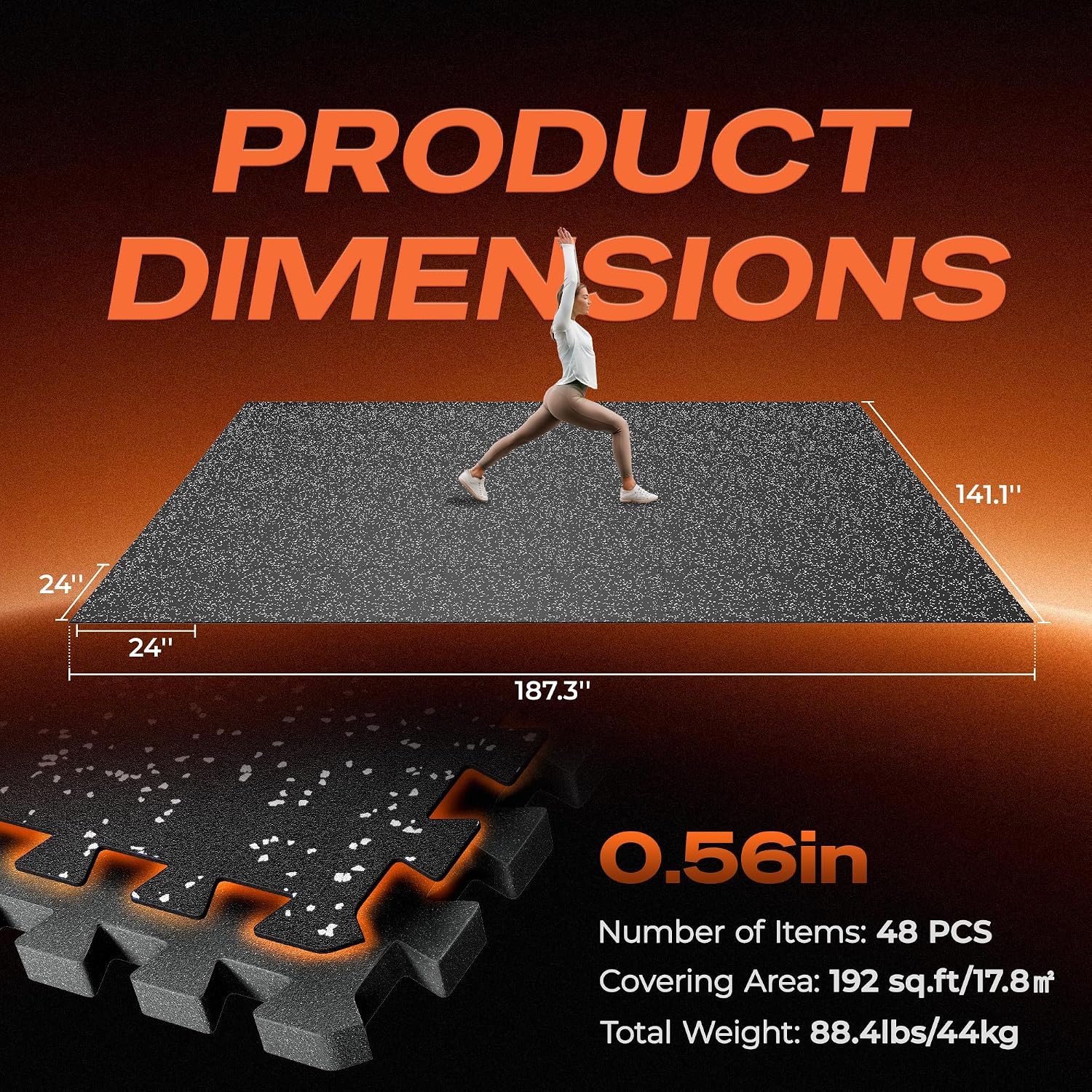 SUPERJARE 0.56'' Thick 48 Pcs 192 Sq Ft Rubber Top Exercise Equipment Mats, High Density EVA Foam Mats with Rubber Top, Interlocking Gym Flooring for Home Gym, Protective Workout Mat, Black/Grey