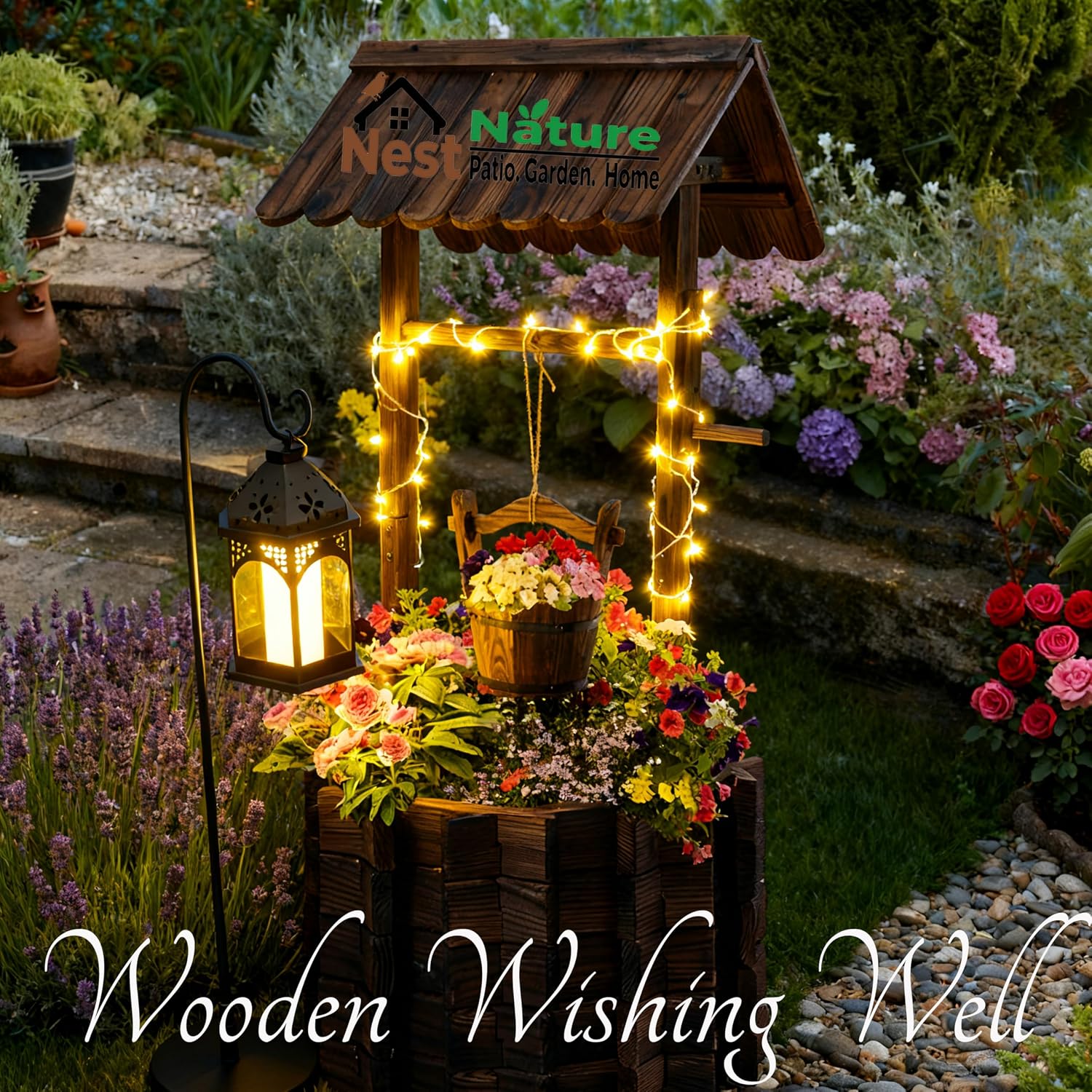 NestNature 25.56' Carbonized Wooden Wishing Well Planter for Outside, Rustic Outdoor Wishing Well with 4 Reinforced Rods & Hanging Bucket, Decorative Well Cover for Yard Garden Patio Lawn Backyard