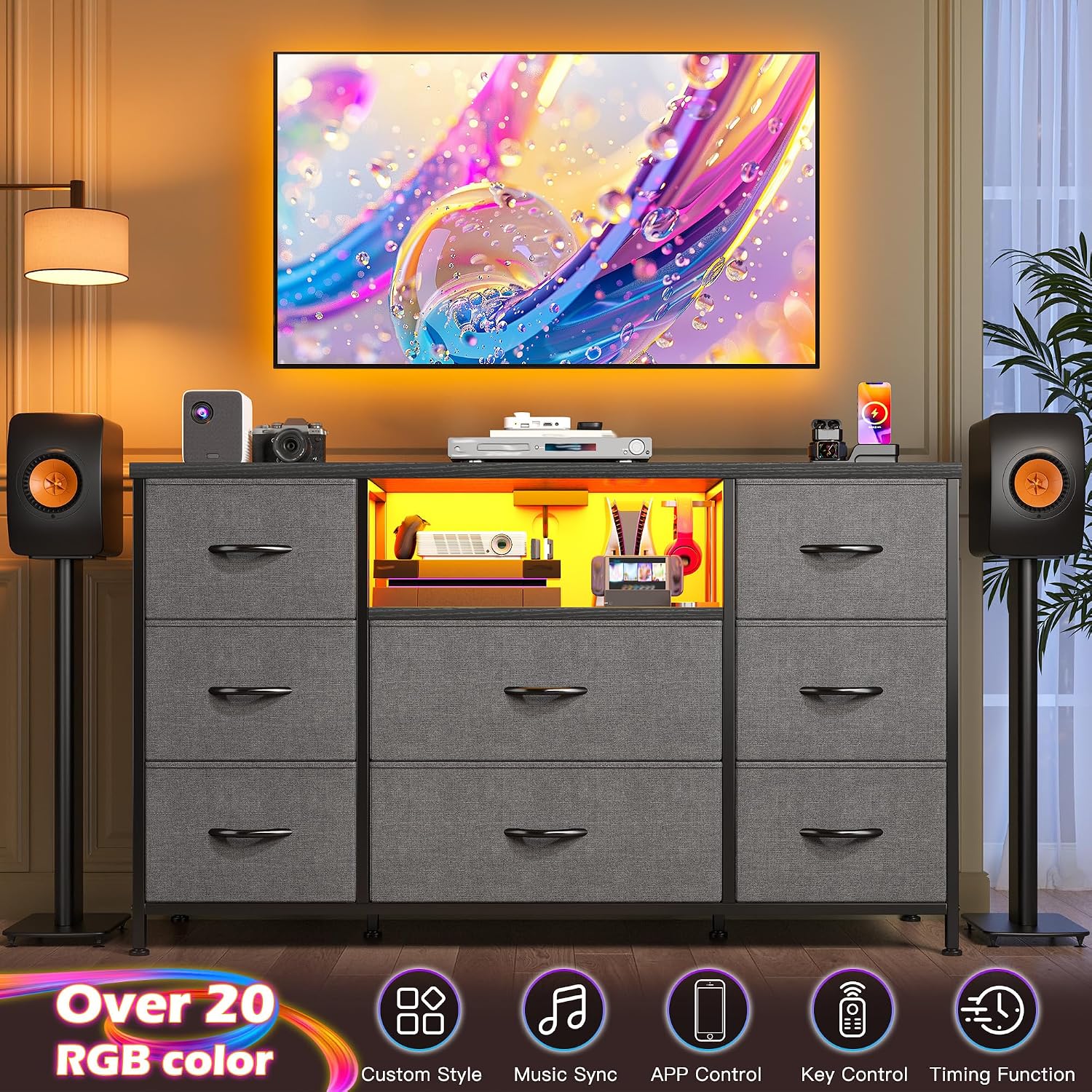 EnHomee Dresser for Bedroom with LED Lights & Charging Station, Dresser TV Stand for Bedroom with 8 Drawer for 55 inch TV, Fabric Dressers & Chests of Drawers with Shelves for Hallway Entryway, Grey