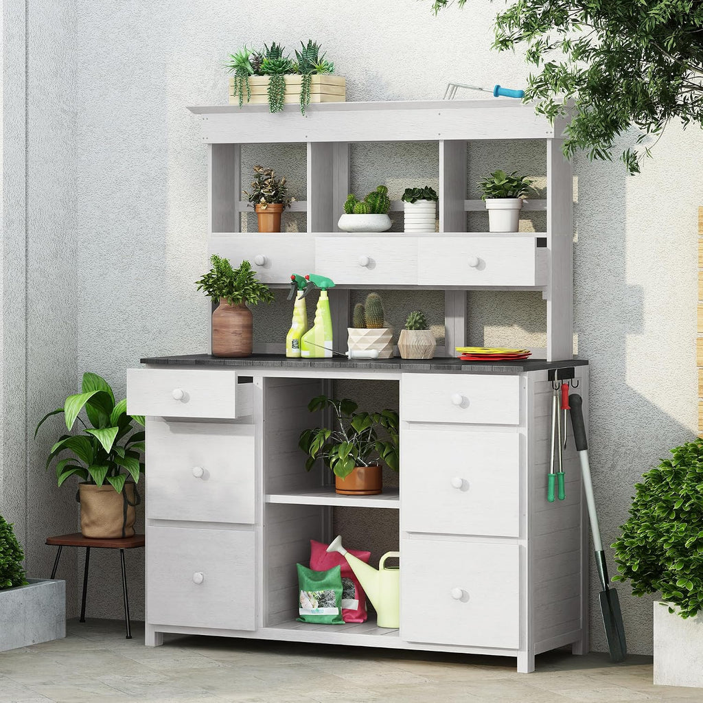 Rustic Design Garden Potting Bench Table with 3 Tiers Shelf and Ample Drawers, Large Gardening Workstation with Fir Wood Frame for Outdoor Space