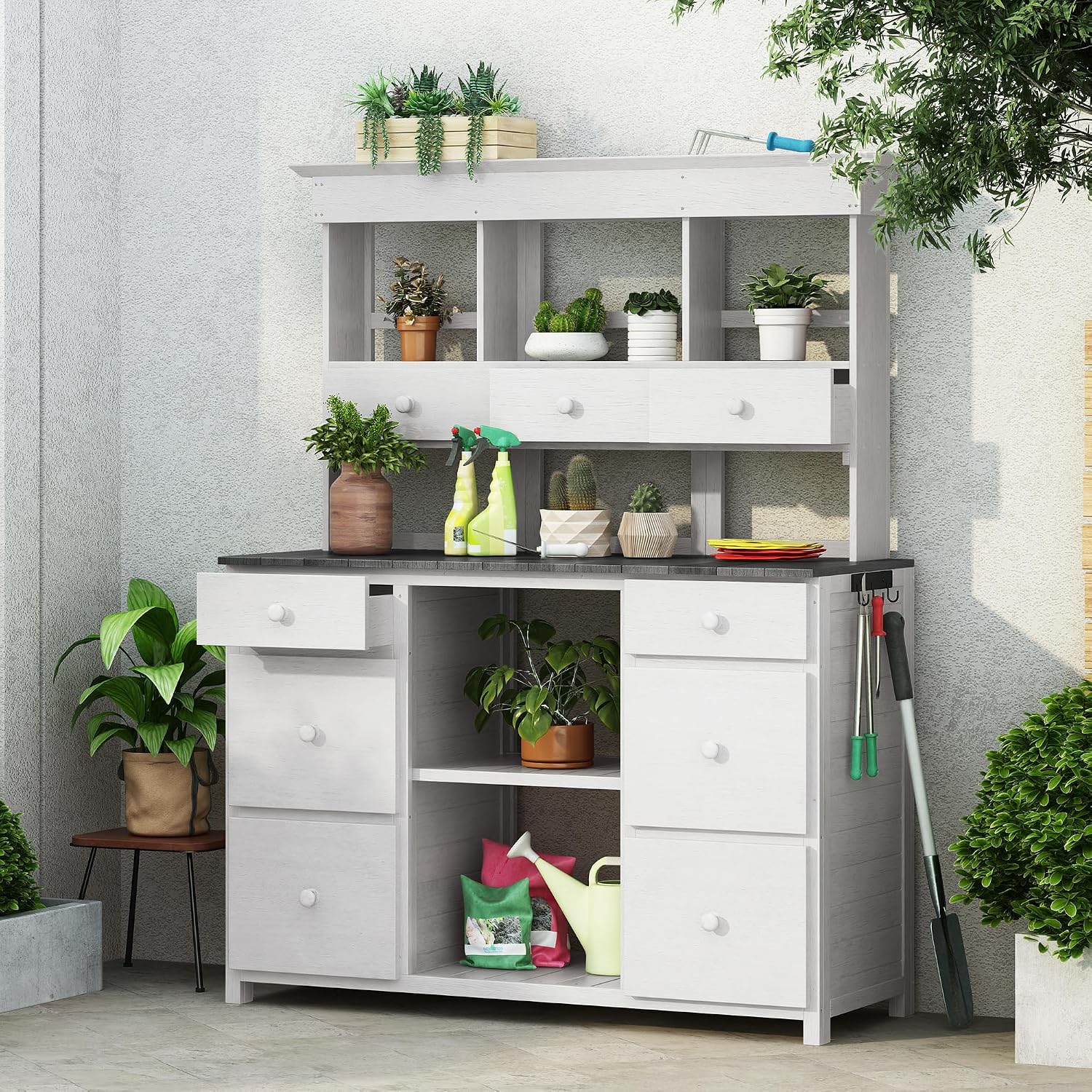 Rustic Design Garden Potting Bench Table with 3 Tiers Shelf and Ample Drawers, Large Gardening Workstation with Fir Wood Frame for Outdoor Space