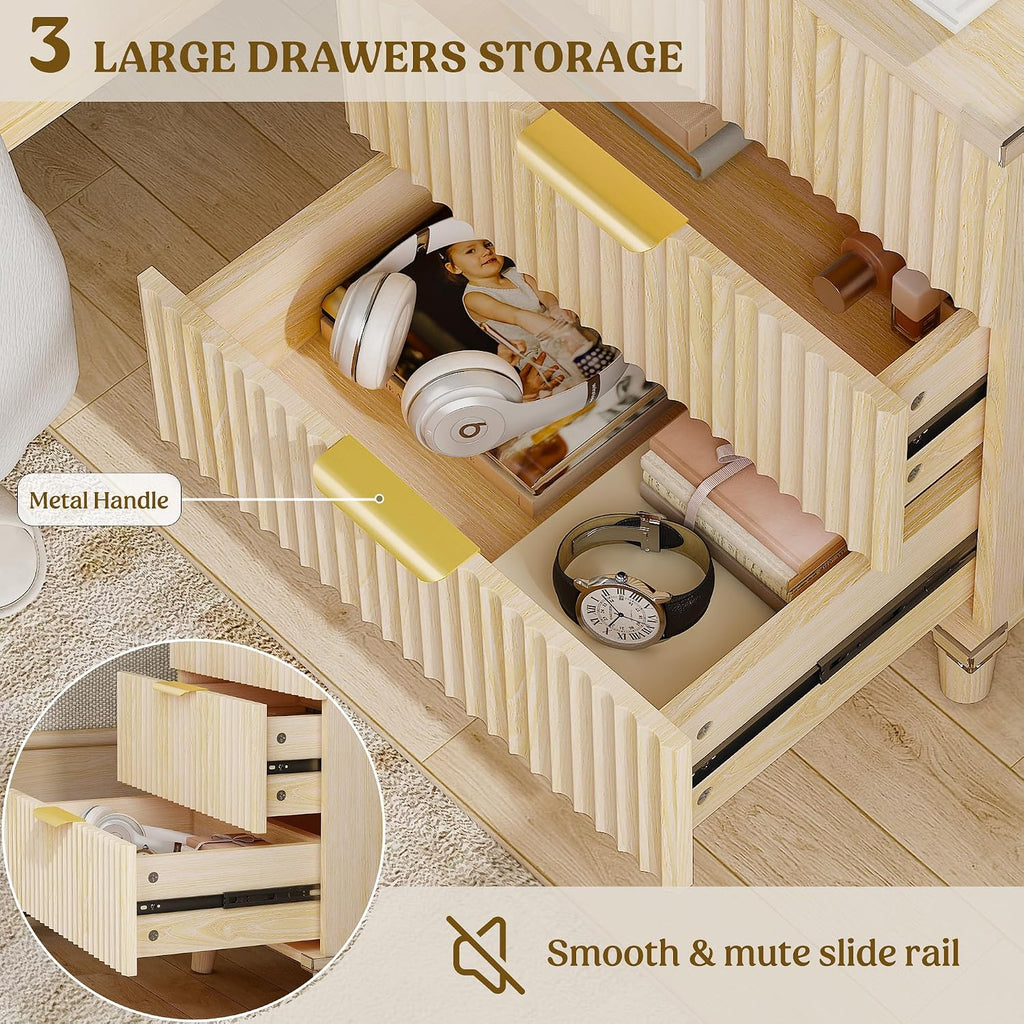 Lulive Wood 3 Drawers Dresser Fluted Night Stand with Charging Station, Storage Nightstand Modern Side Table, Bedside Table for Bedroom, Entryway Natural