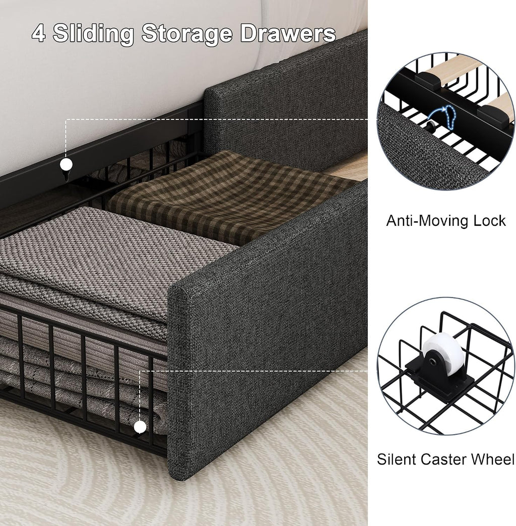 Full Size Bed Frame with 4 Storage Drawers & Charging Station, Linen Button Tufted Wingback Headboard Upholstered Platform Bed, Sturdy Wooden Support Slats, No Box Spring Needed, Dark Grey