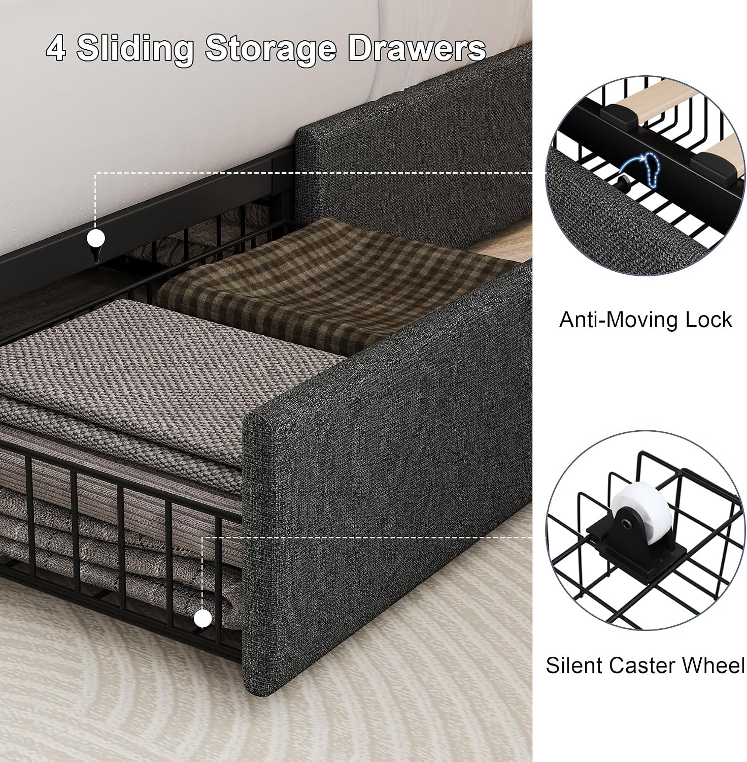 Full Size Bed Frame with 4 Storage Drawers & Charging Station, Linen Button Tufted Wingback Headboard Upholstered Platform Bed, Sturdy Wooden Support Slats, No Box Spring Needed, Dark Grey